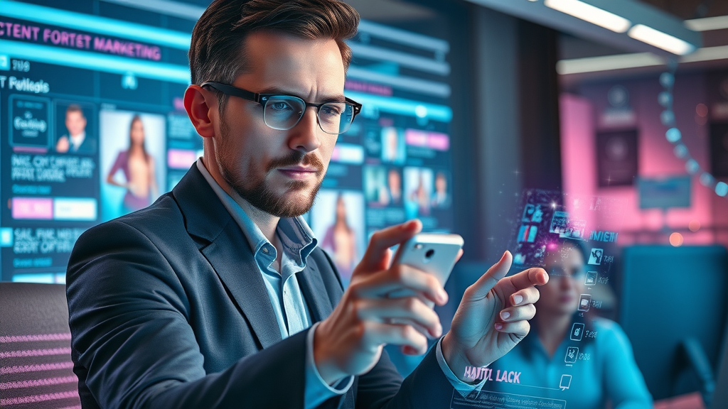 Creative marketing manager planning a digital marketing strategy for a 2025 business plan with futuristic design