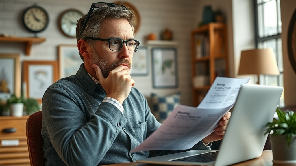Thoughtful Monmouthshire business owner reviewing marketing checklist and avoiding mistakes, practical tips for local marketing Monmouthshire