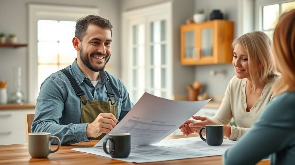 friendly roofing contractor discussing free estimate for roof replacement staten island with homeowners, residential kitchen scene, attention to detail