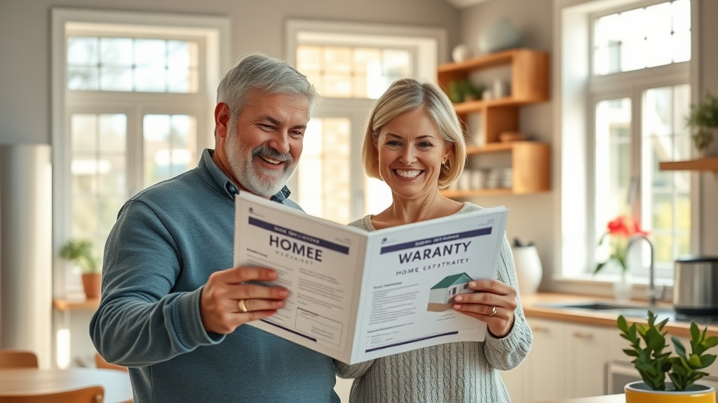 Couple in kitchen reviewing home warranty options for family protection