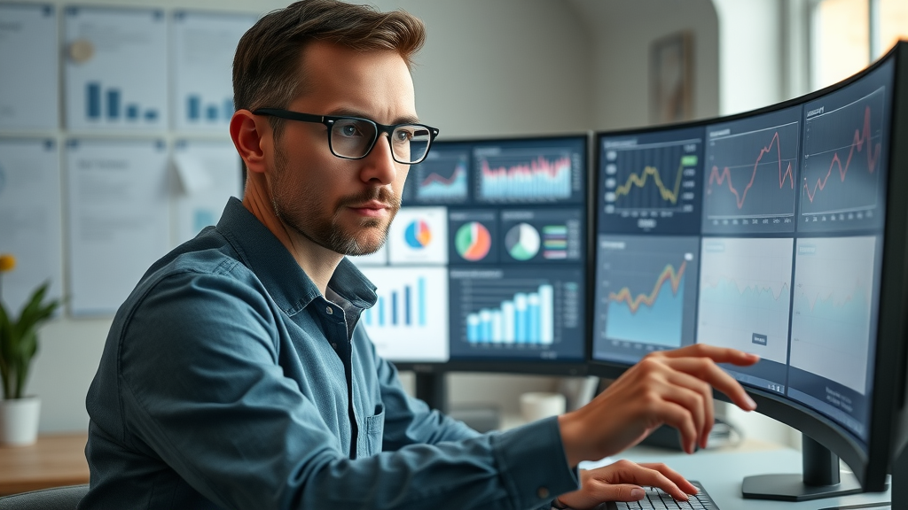focused SEO analyst tracking off-page SEO KPIs and analytics performance on dashboard, dual monitor home office
