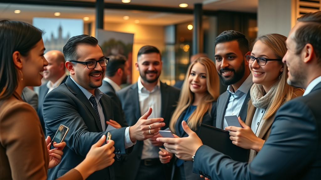 London entrepreneurs at a business networking event, discussing business directory marketing strategies