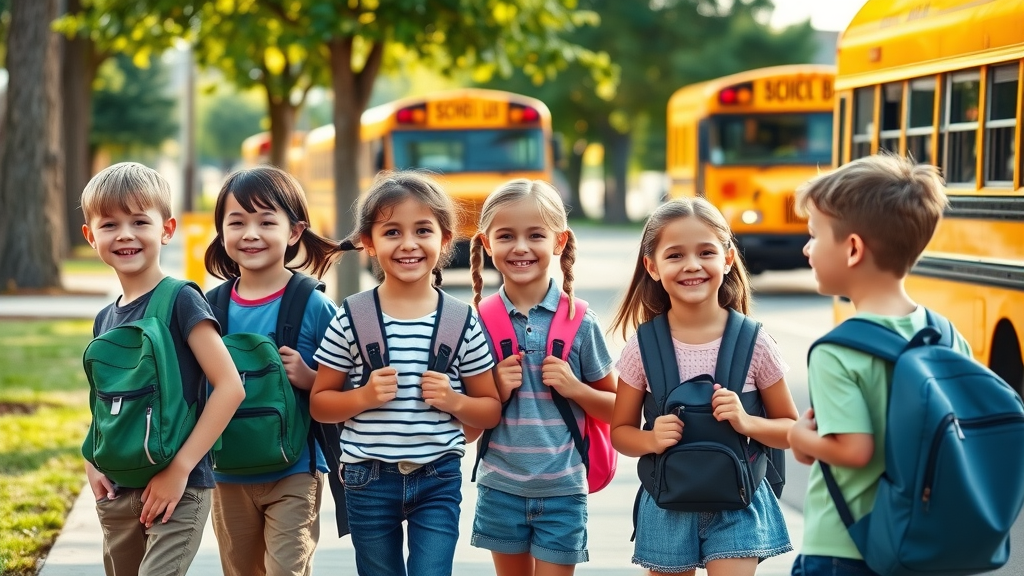 cheerful group of elementary school children waiting at a suburban bus stop with a yellow school bus approaching, school bus safety tips for kids