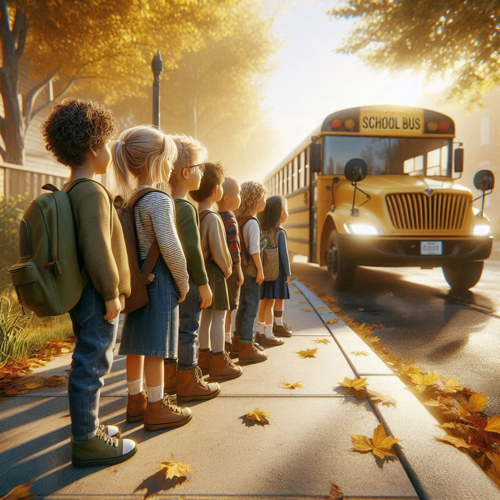 attentive children, lined up in single file, watching a yellow school bus approach
