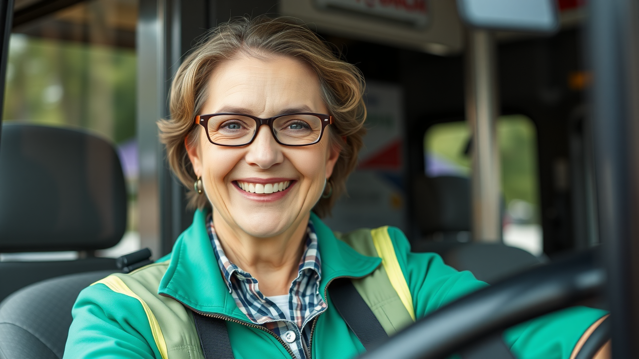 smiling bus driver making eye contact as a child safely steps onto the school bus using the handrail, school bus safety for kids