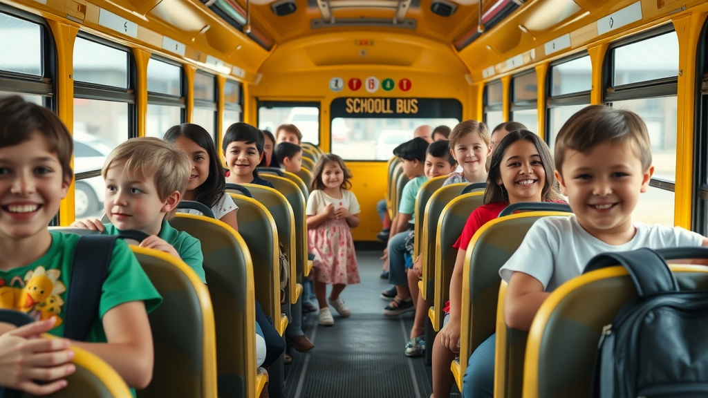 children sitting calmly in school bus seats, no backpacks in aisles, onboard school bus safety tips for kids