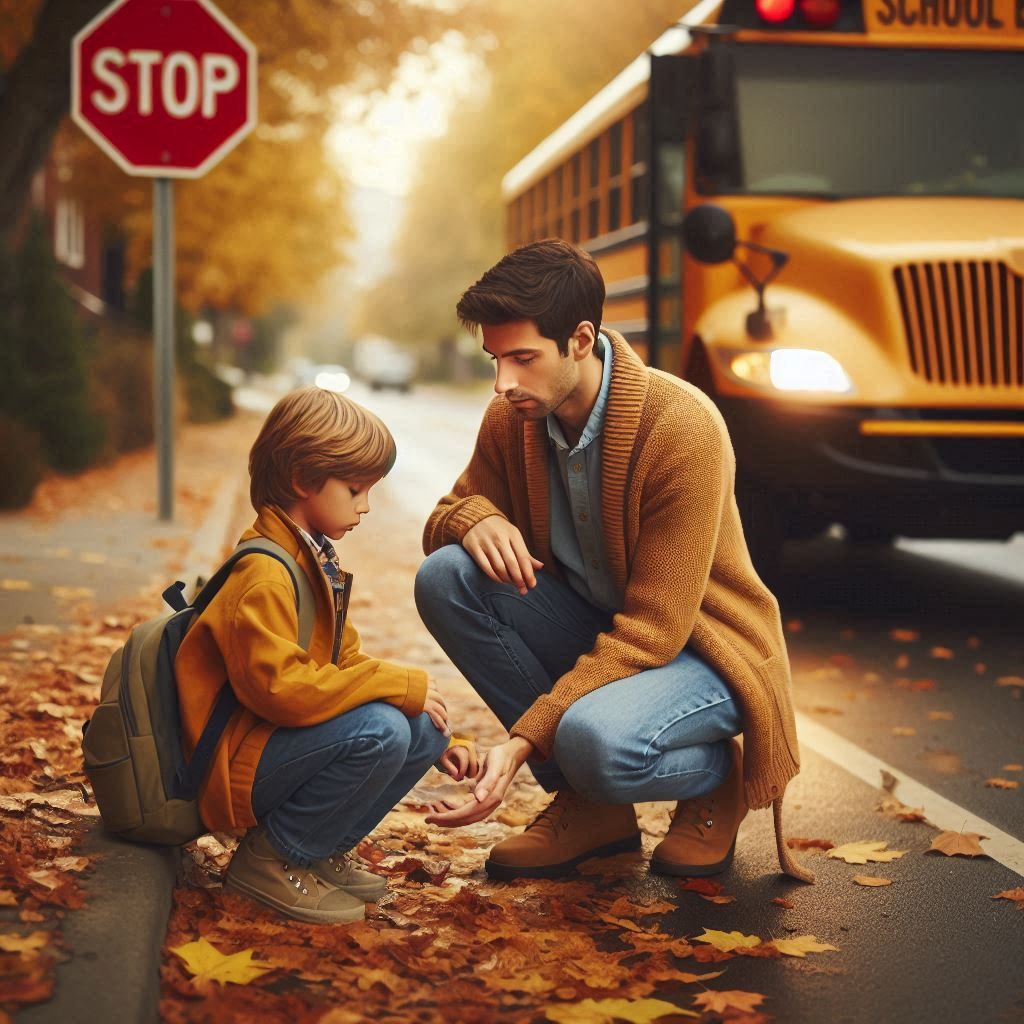 father helping young son pick up item safely near stopped school bus