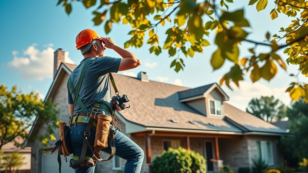 Dallas roofing contractor inspecting new roof on suburban home in bright sunlight