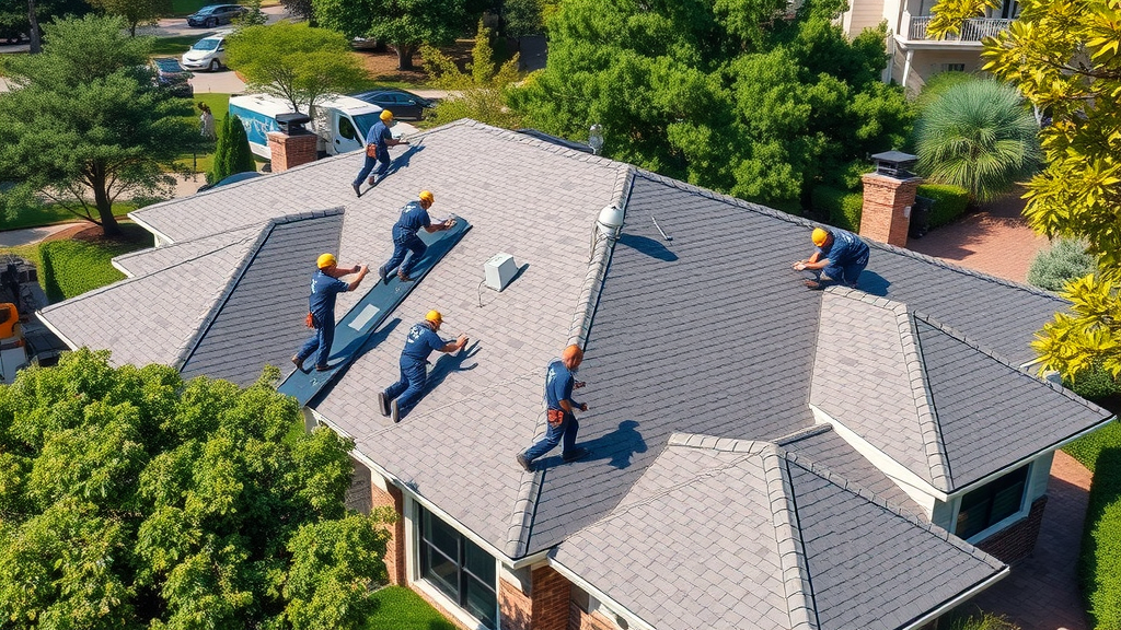Dallas roofing contractor team installing shingles on home under blue Texas sky