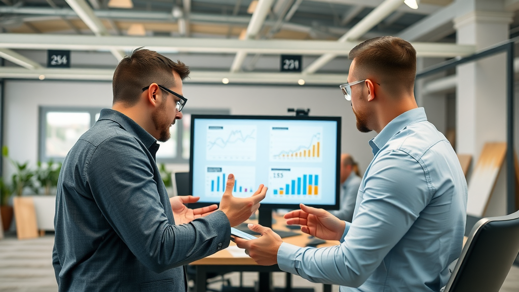 Roofing professionals analyzing lead loss statistics on digital displays with roofing materials in background, voice ai agents for roofers