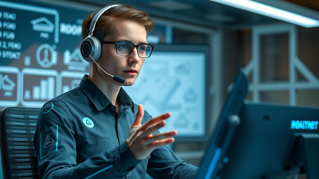 Futuristic AI call center agent explaining technology to a roofer, ai voice agent technology stack for roofing company