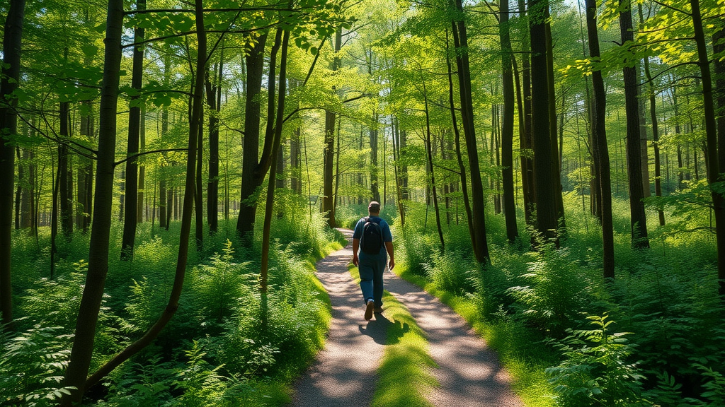 majestic Minnesota forest trail with travelers exploring the path, lush green woodland, dappled sunlight, minnesota off‑the‑beaten‑path spots