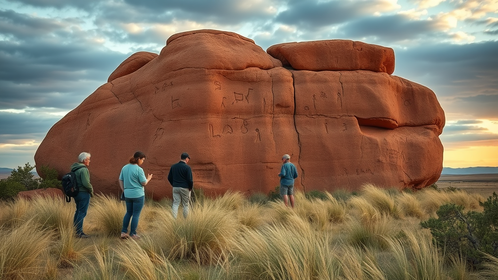 intricate Native American petroglyphs on red rock, visitors examining carvings, jeffers petroglyphs, minnesota off‑the‑beaten‑path spots