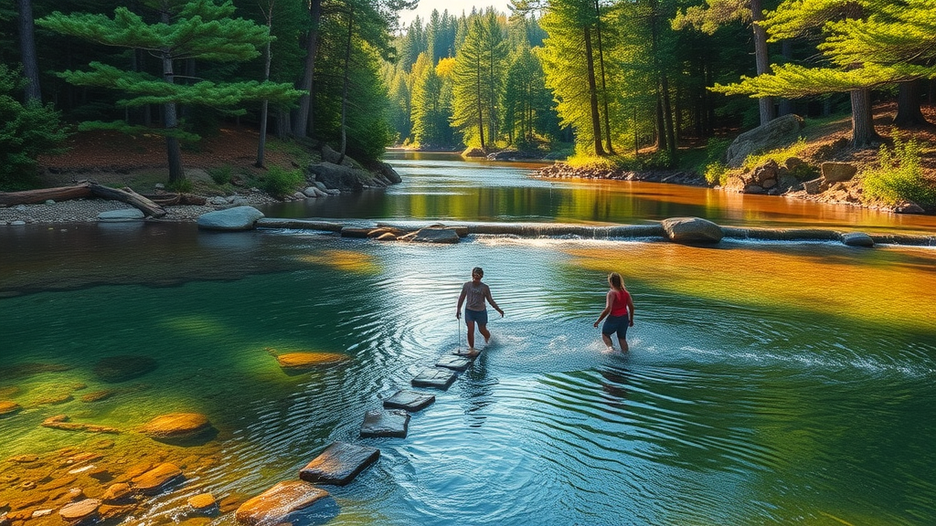 picturesque source of the Mississippi River at Itasca State Park, group crossing stepping stones, itasca state park, minnesota off‑the‑beaten‑path spots