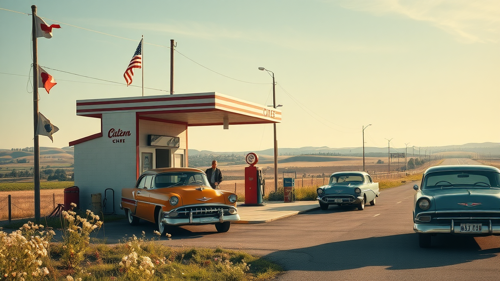 quirky vintage gas station along rural scenic drive, classic cars and wildflowers, minnesota off‑the‑beaten‑path spots, gas station