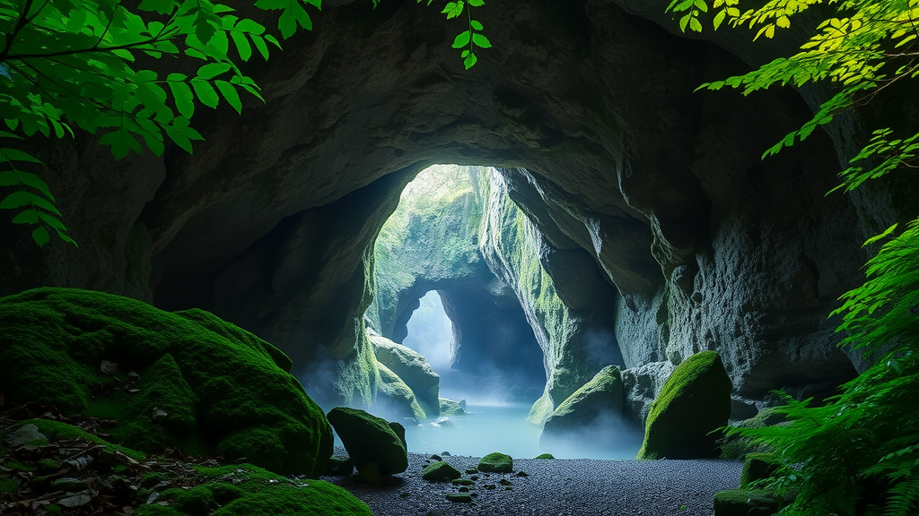 mystical limestone cave entrance at Mystery Cave State Park, lush greenery, minnesota off‑the‑beaten‑path, mystery cave