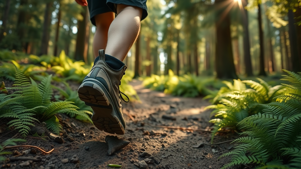 rugged hiking boots traversing fern-lined forest trail, dense woods, hiking trail, minnesota off‑the‑beaten‑path spots