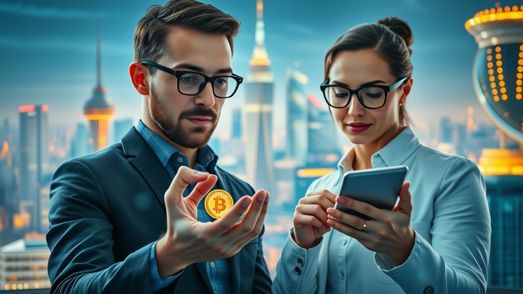 futuristic digital currency concept showing optimistic investors analyzing virtual coins with a sleek tech cityscape - what is cryptocurrency