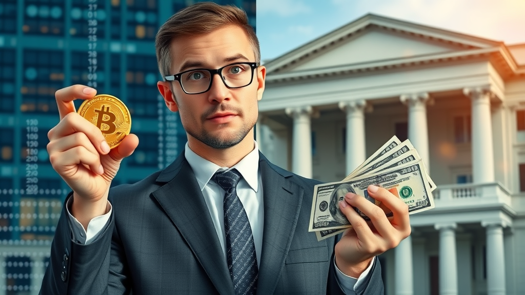 contrasting digital and physical money, business professional holding bitcoin in one hand, cash in the other, split between blockchain and central bank building - digital currencies versus central bank