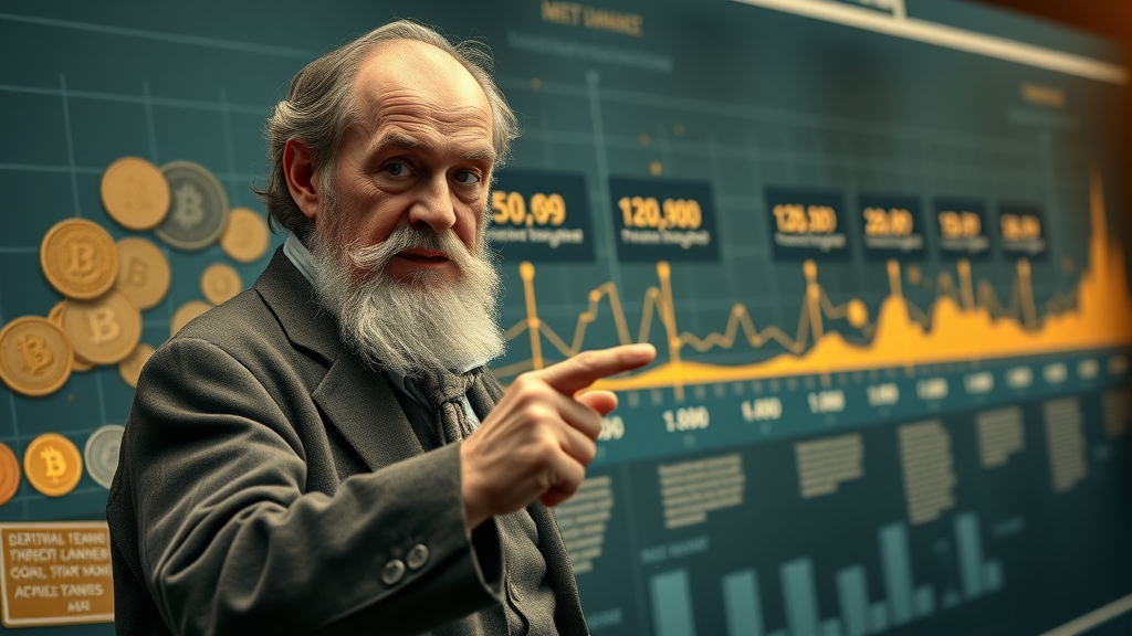 historical cryptocurrency timeline - historian pointing to digital milestones from gold coins to blockchain ledgers