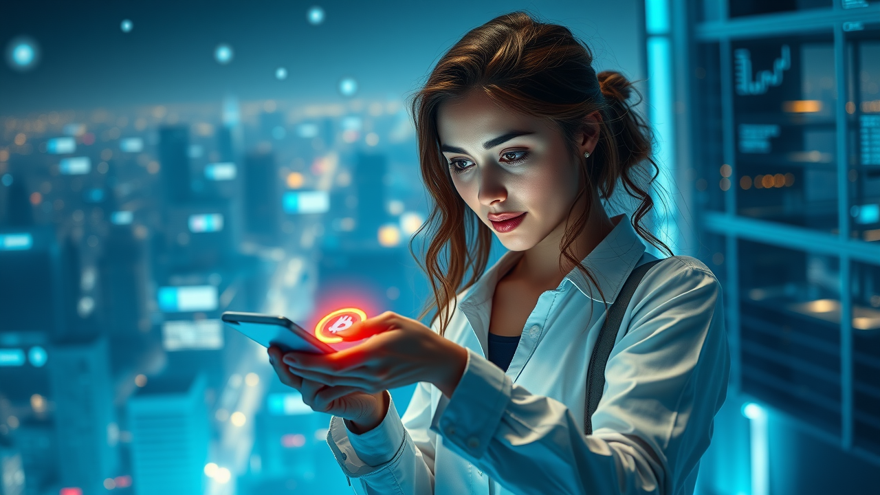 dynamic crypto transaction visualization - young woman pressing send on digital wallet for a cryptocurrency transaction