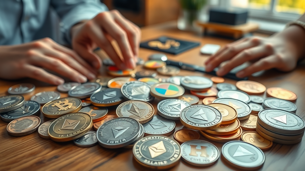 diverse set of cryptocurrency coins including Ethereum, Litecoin, Cardano - popular digital currencies compared on a wooden desk