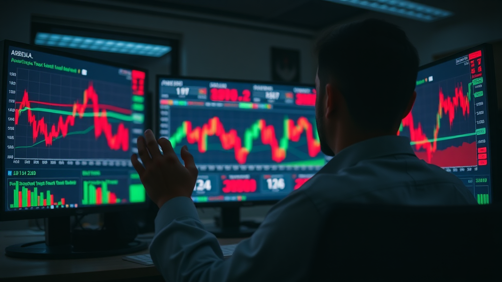 volatile financial market scene - investor watching fluctuating cryptocurrency charts on bright monitors