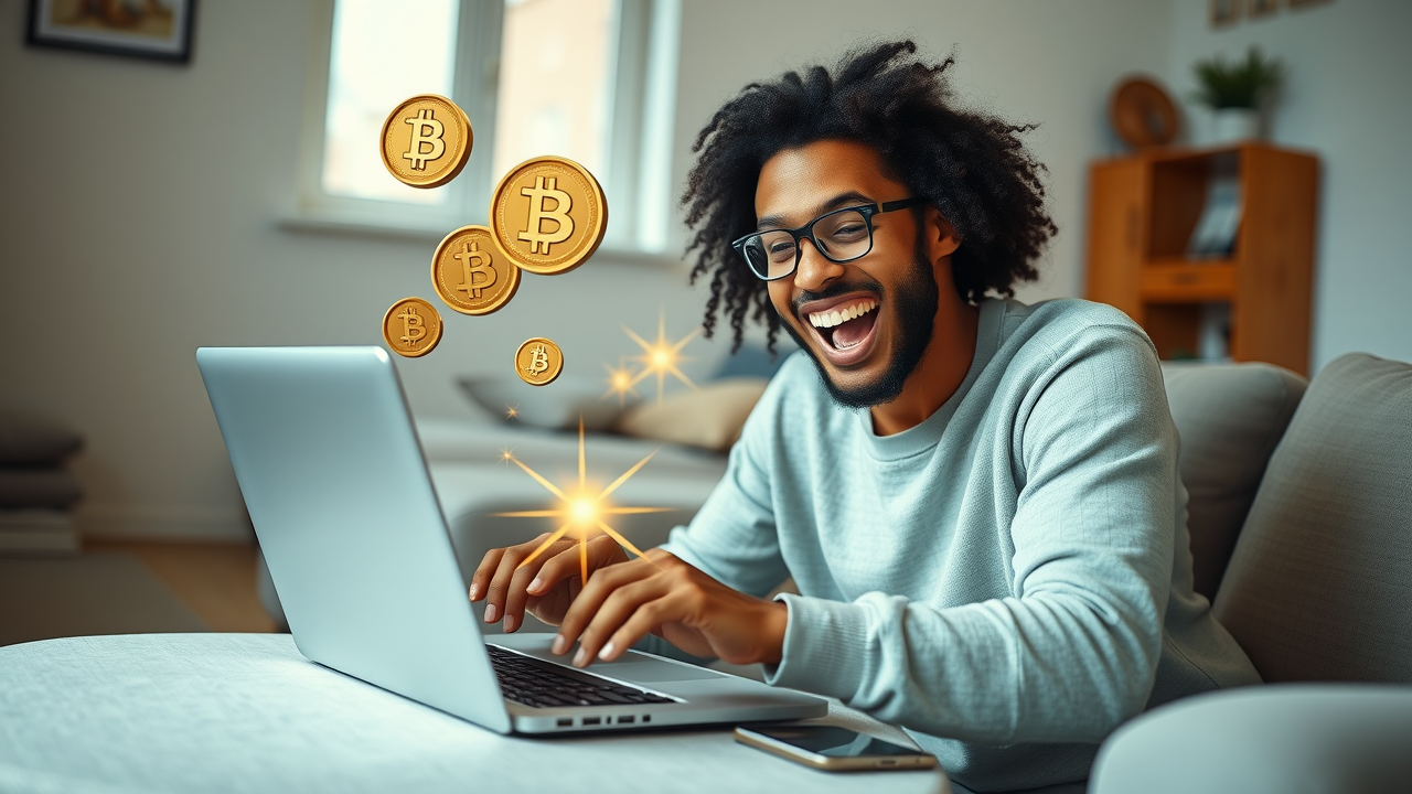 beginner crypto investor - excitedly completing first digital asset purchase on laptop, with coin symbols floating above