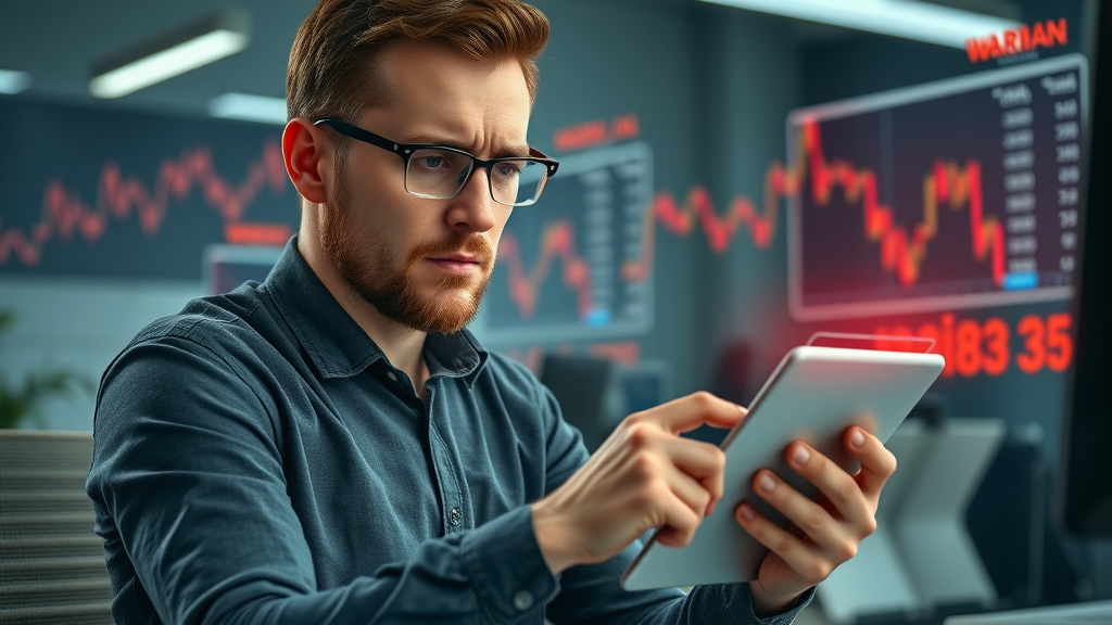 crypto investor analyzing new coins using a tablet - cautious study of ICO with highlighted red flag indicators