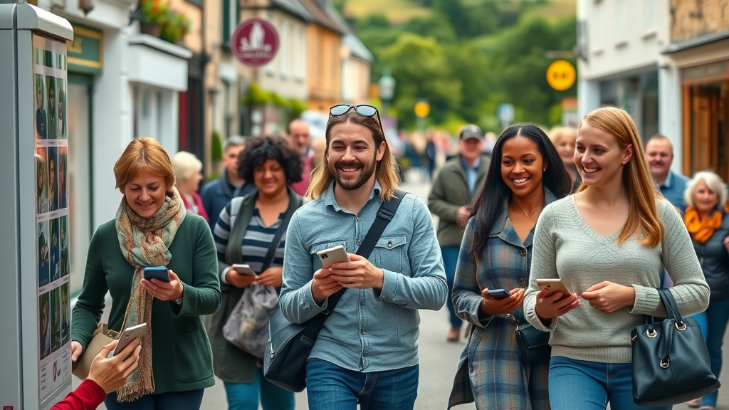 lively Monmouthshire high street with diverse residents interacting with digital kiosks and smartphones, uskmedia.org community hub
