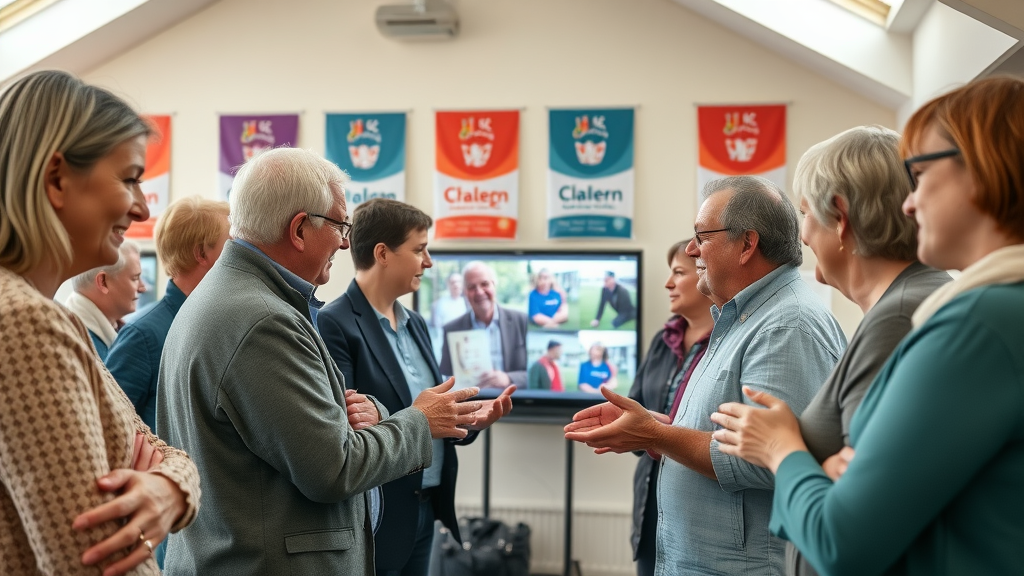 engaged community members of all ages discussing local uskmedia.org news on digital screens in Monmouthshire community center