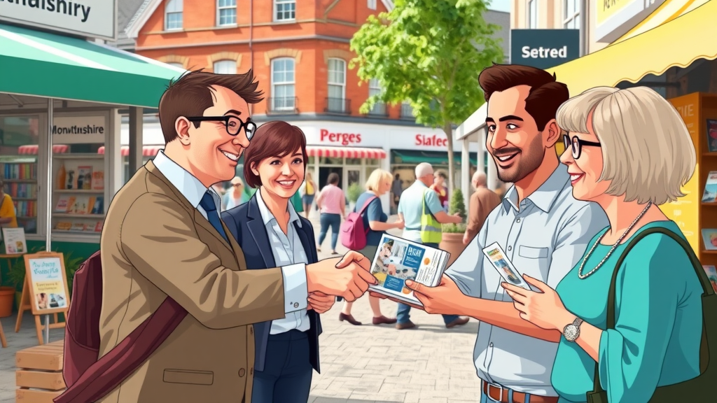local business owners and residents shaking hands at a vibrant Monmouthshire market square, uskmedia.org connections