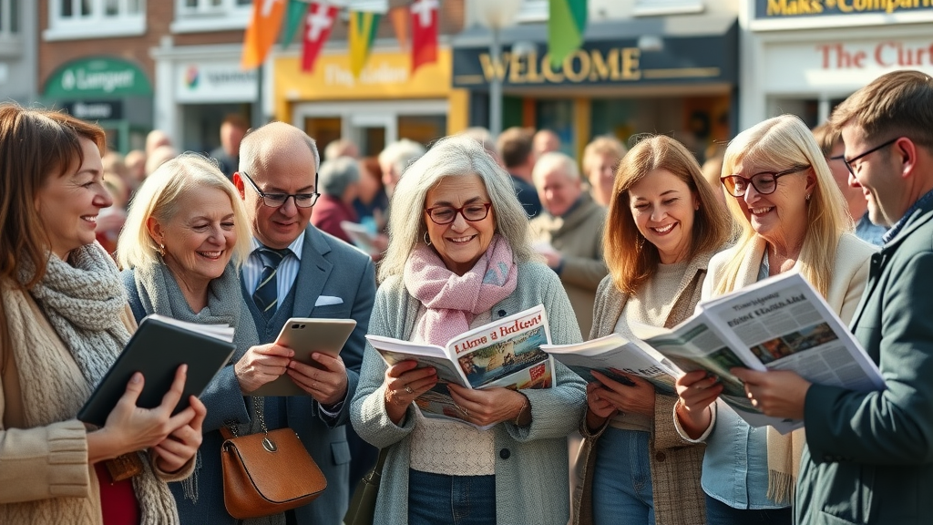 Local community gathering in vibrant Welsh town square, residents of all ages engaging with digital tablets, newspapers, and each other, promoting caldicotmedia.org