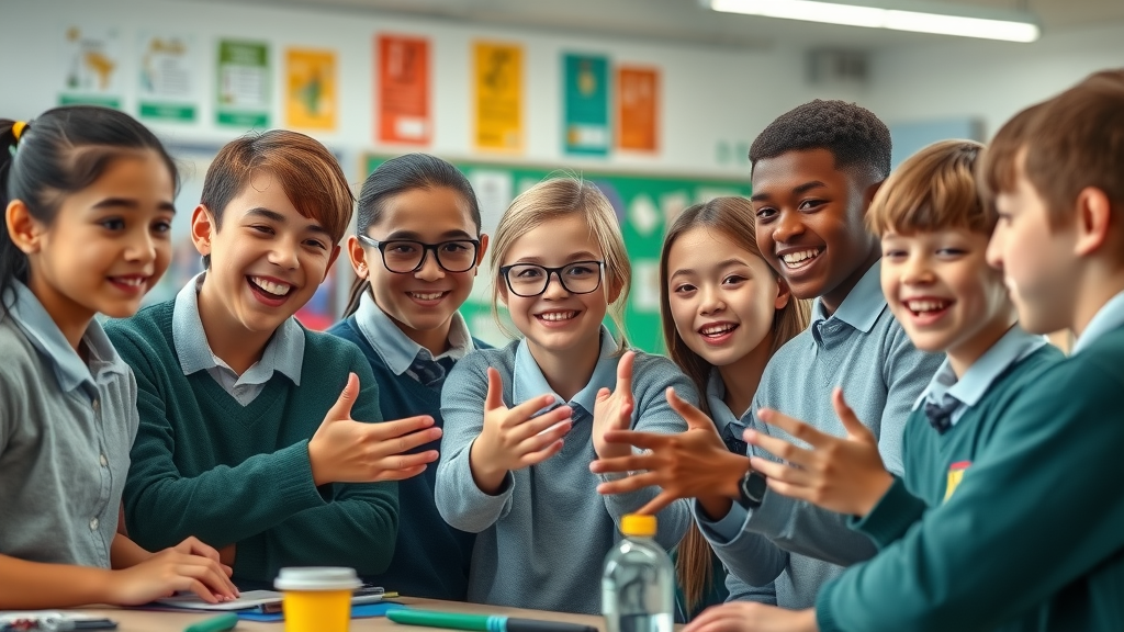 Enthusiastic students collaborating at Caldicot school, engaging in creative classroom activities with vibrant school uniforms, representing local educational excellence