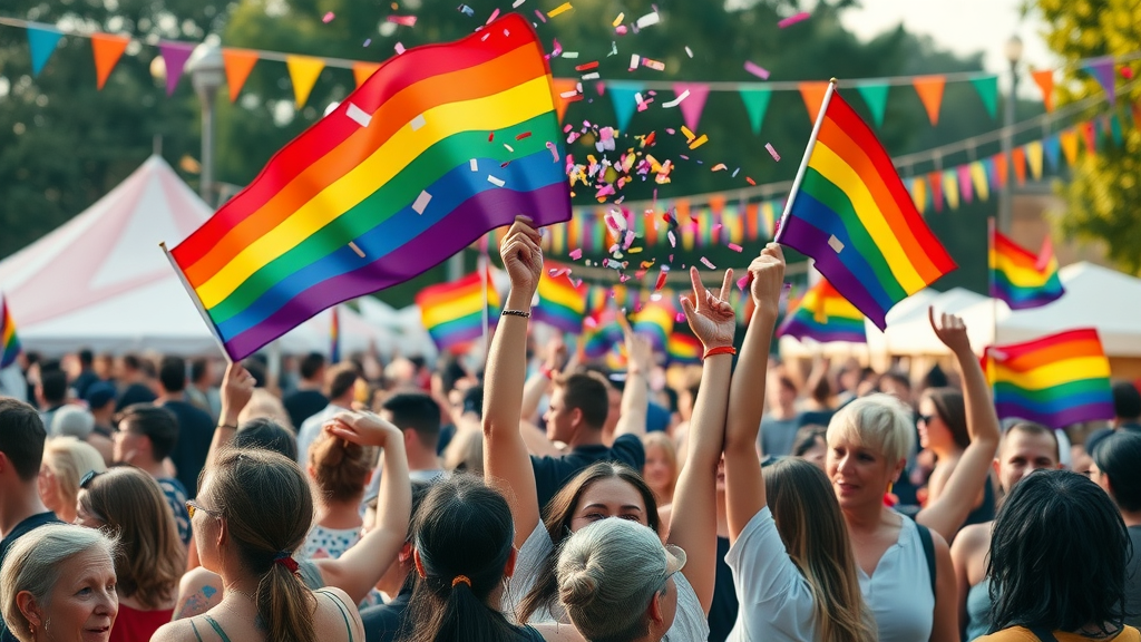 Caldicot Pride and Drag Fest event, joyful inclusive crowd celebrating with rainbow flags, festival tents and bunting, showing vibrant local diversity