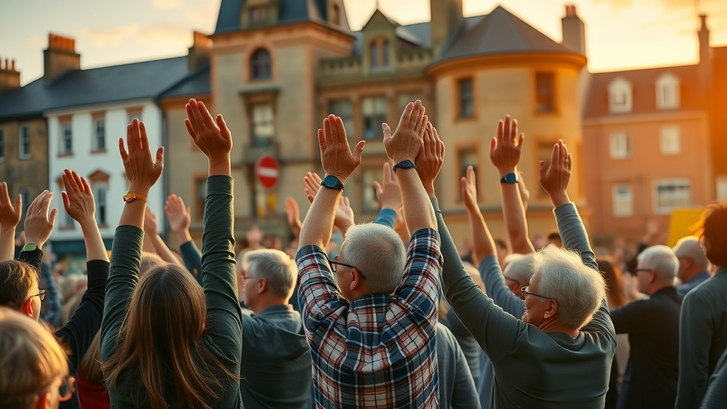 Inspirational Caldicot residents celebrating at sunset beside local landmark, representing unity and caldicotmedia.org’s community impact