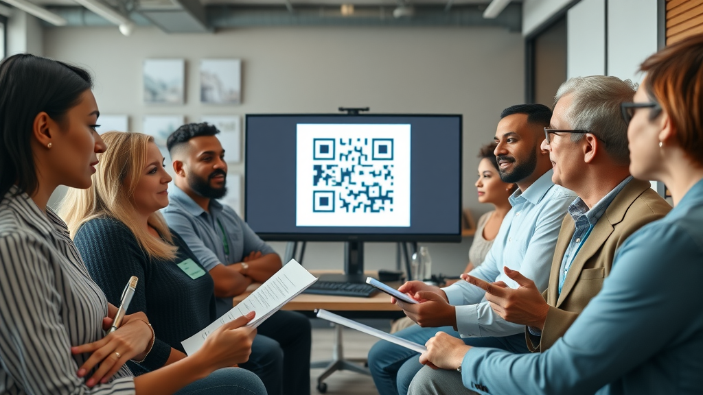 engaged small business owners learning about QR code marketing for small business in a modern office