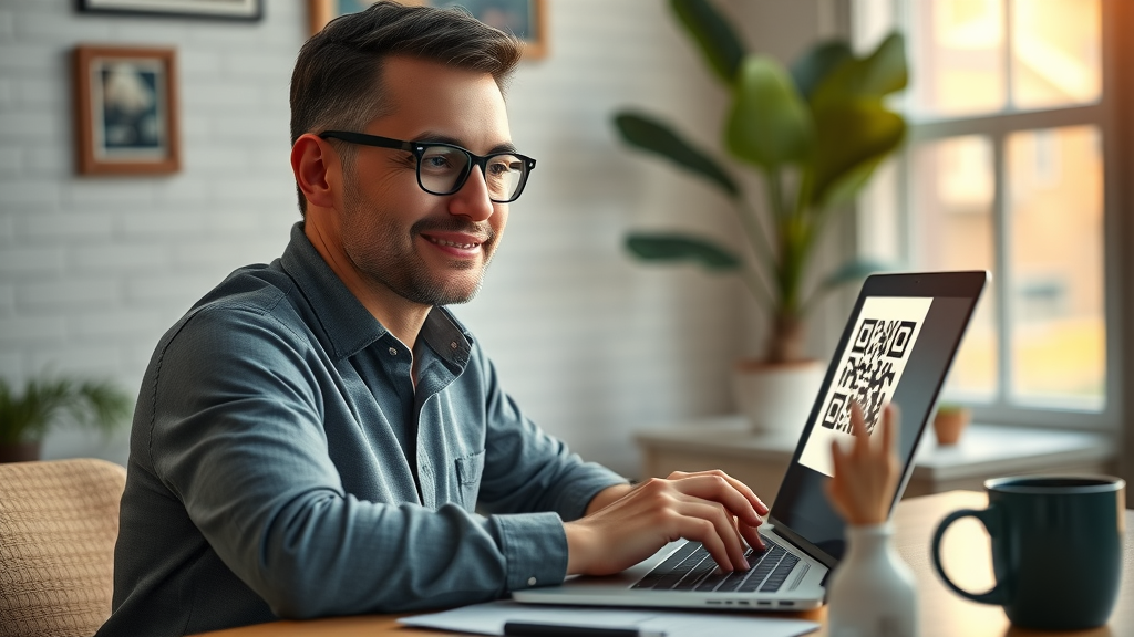 small business owner using a laptop to create a custom QR code for a marketing campaign
