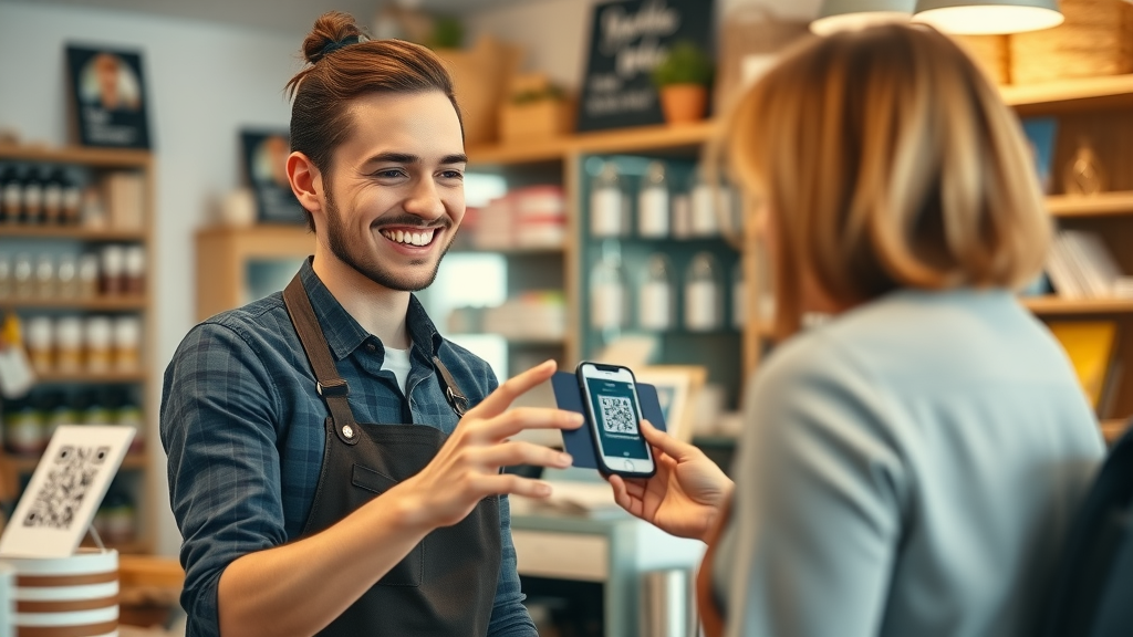 small business cashier assisting customer with QR code payment for a contactless experience