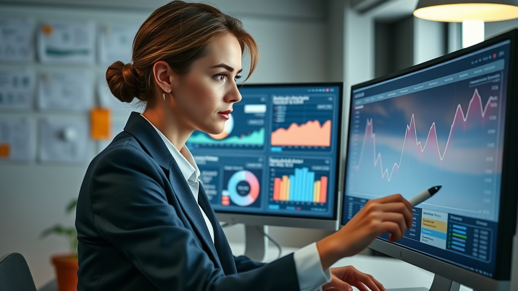 businesswoman analyzing QR code marketing analytics dashboard for small business success
