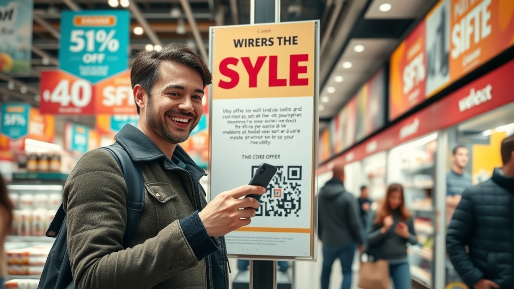 customer in retail shop scanning a QR code marketing poster for a special offer using smartphone