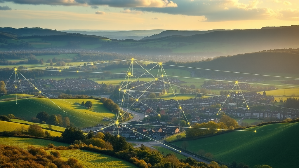 Monmouthshire towns connected by digital lines, digital unity, rolling green hills, abergavennymedia.org community connectivity