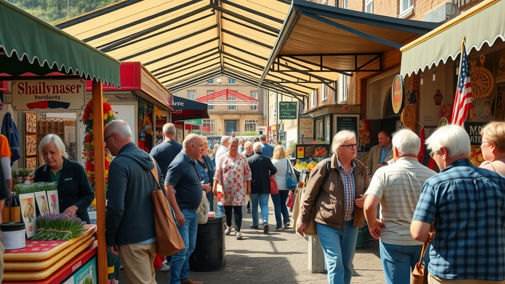 abergavennymedia.org bustling local market, Abergavenny residents, business stalls, crafts and produce