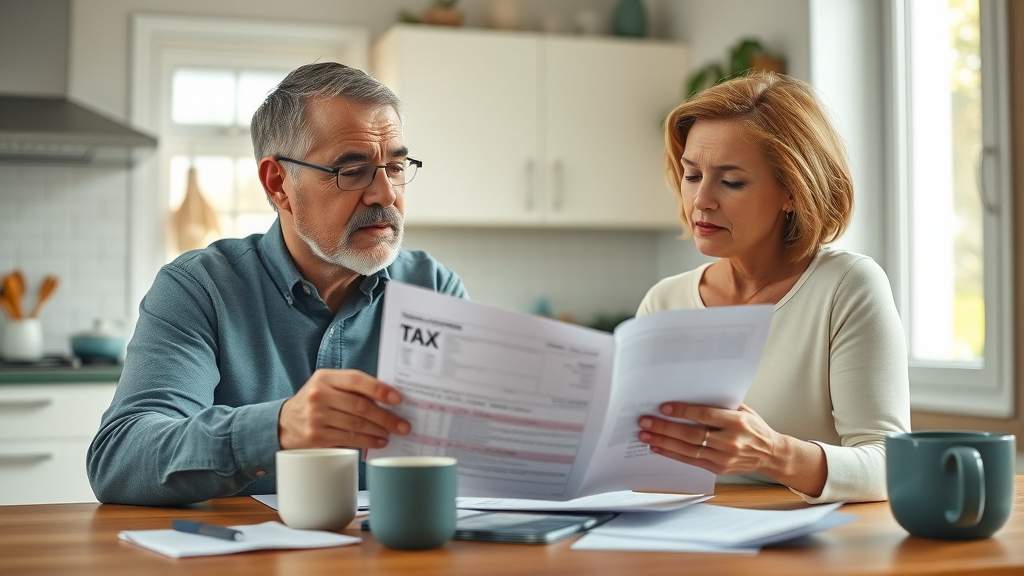Couple discussing payment plan with IRS at kitchen table, reviewing tax documents and bills with a thoughtful expression, photorealistic, bright home interior.