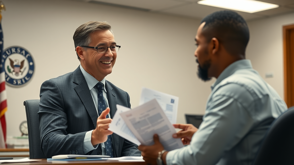 IRS agent explaining a payment plan with IRS to a taxpayer in an office, government setting, paperwork visible.
