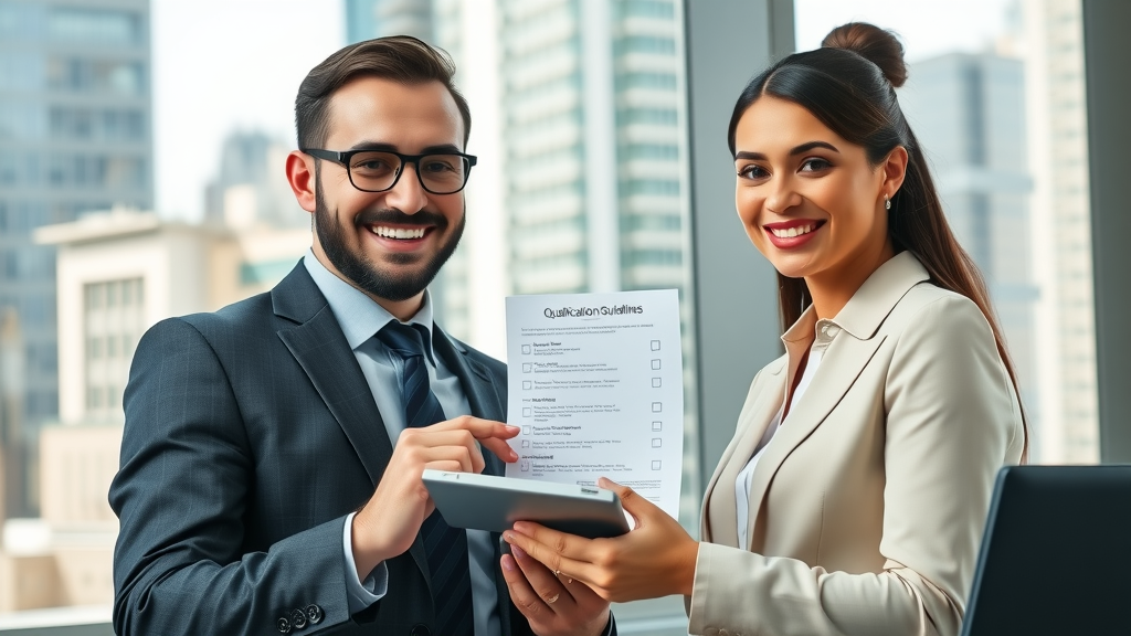 Tax advisor explaining IRS payment plan qualification criteria to client with digital checklist, modern office, city view, clear display, lifelike.