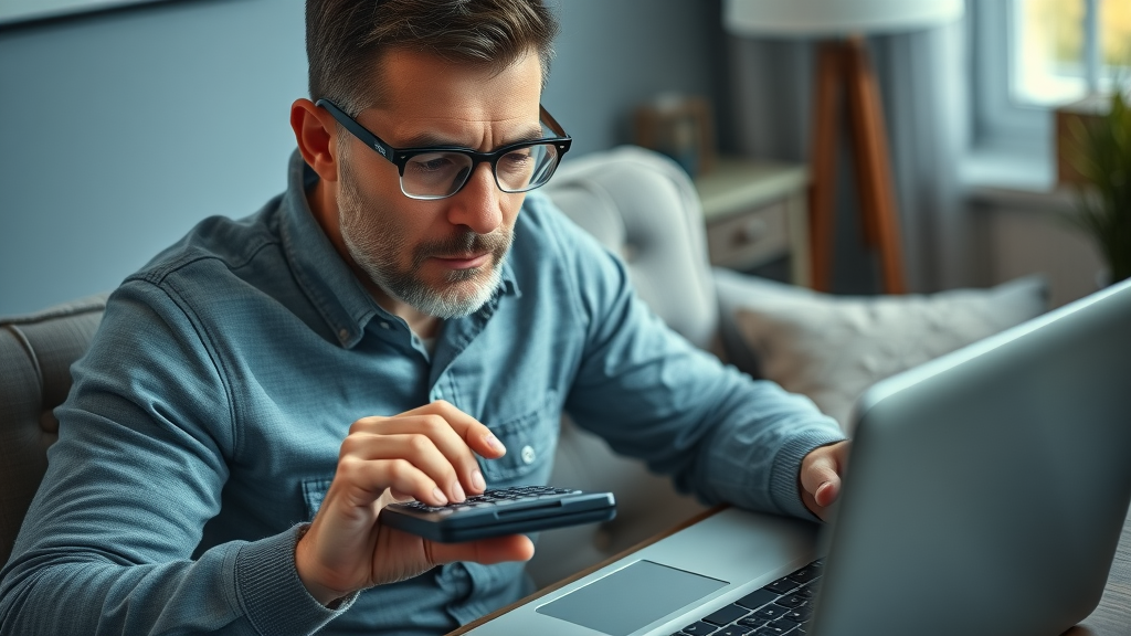 Concerned taxpayer using calculator and laptop to check IRS monthly payment statement, photorealistic home office, focused expression, papers and coffee.