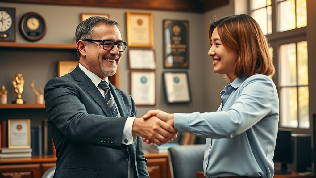 Enrolled agent shaking hands with happy client after successful IRS payment plan negotiation, classic office, warm lighting.