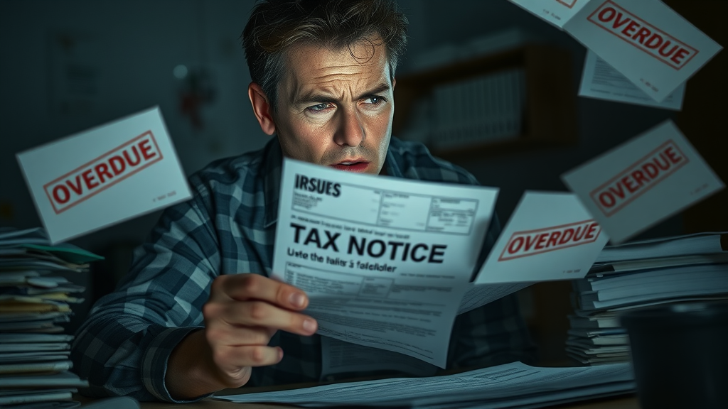 Stressed taxpayer at cluttered desk, worried over unpaid IRS tax notice, dimly lit room reflecting financial anxiety.