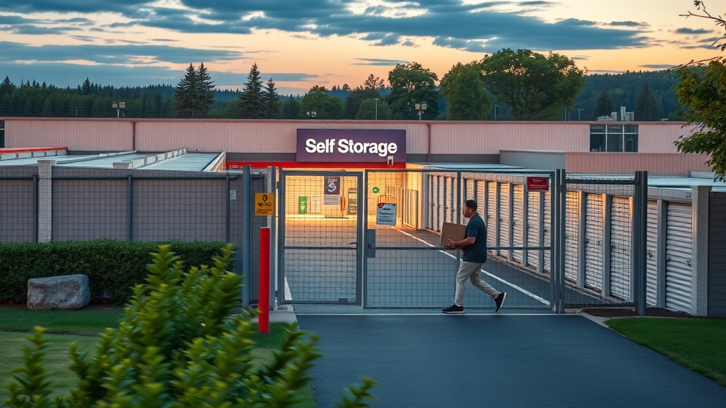 Secure self-storage facility exterior with clean, well-lit units and fencing